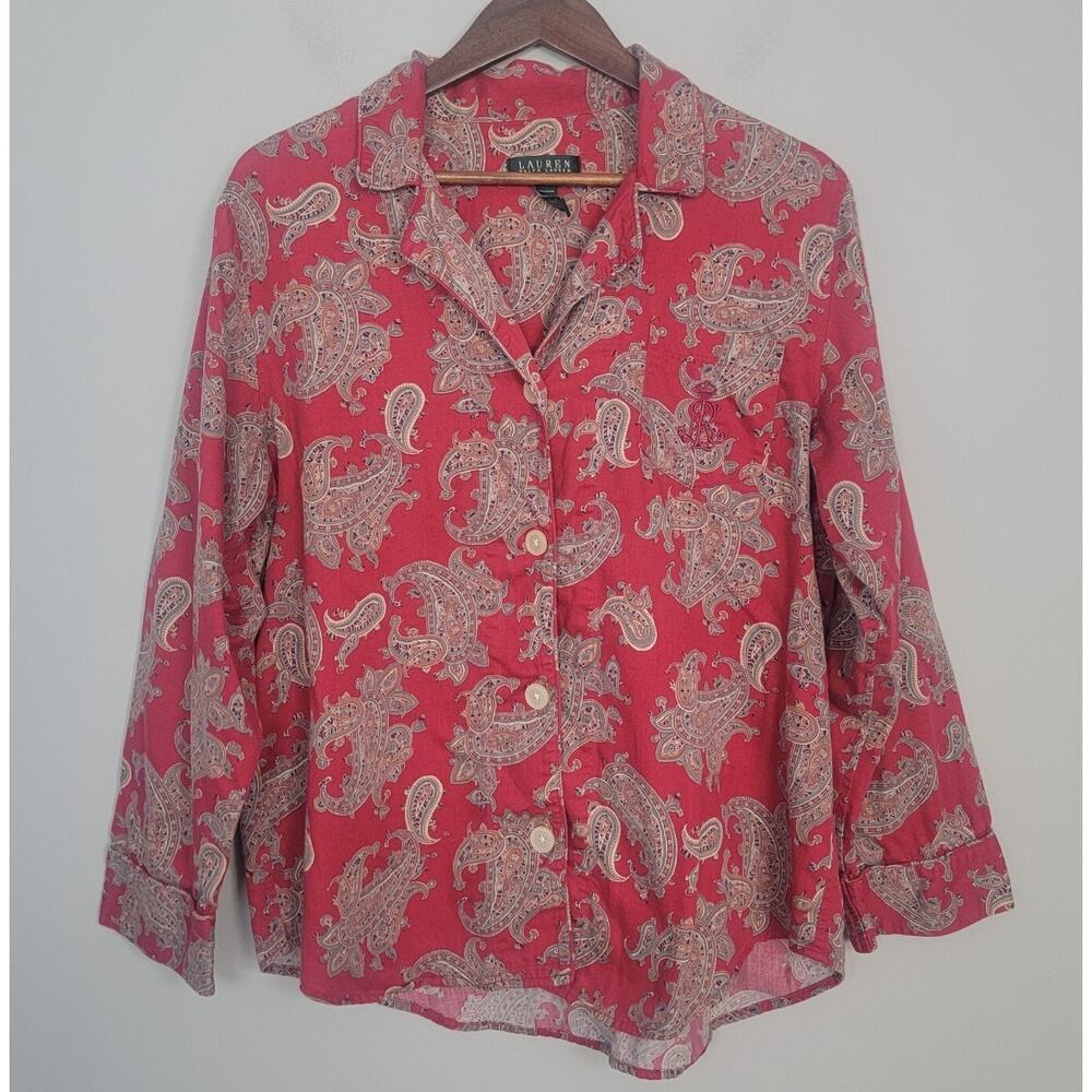 Lauren Ralph Lauren Pajama Top Womens XL Button Up Red Paisley Cotton
